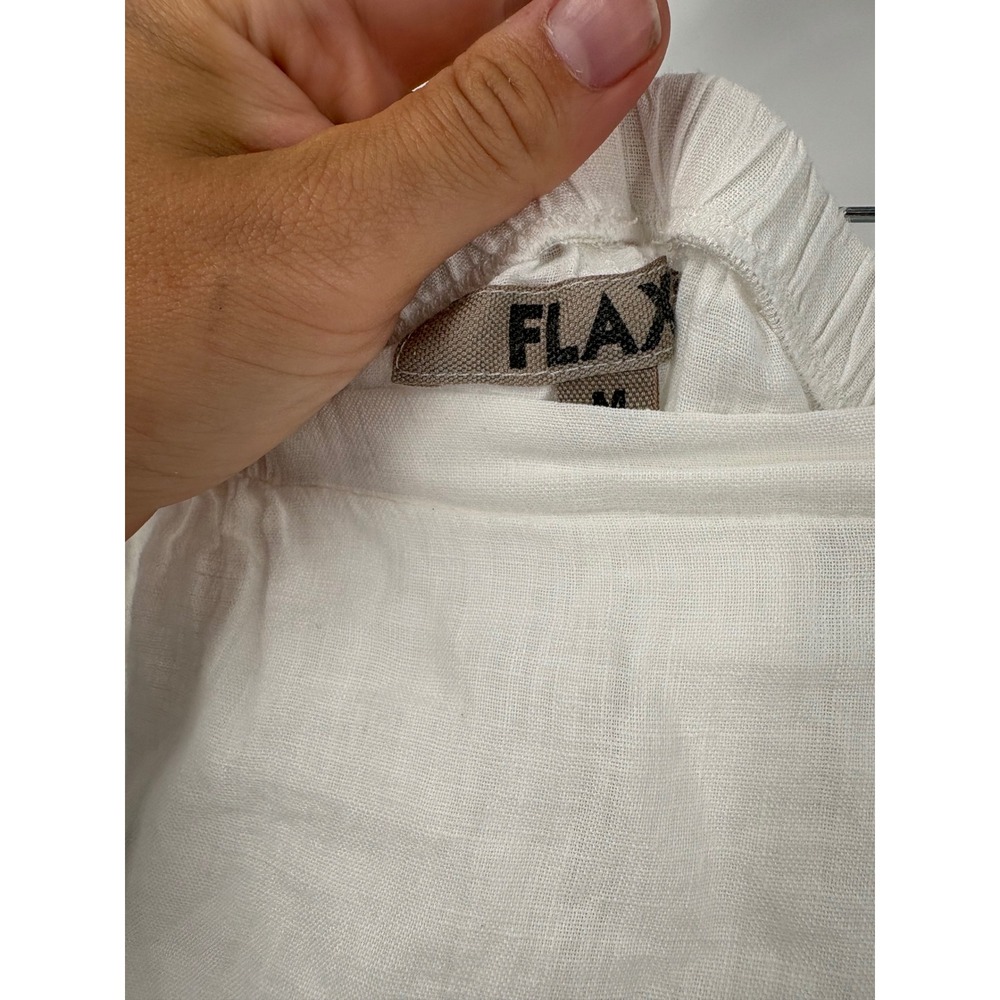 FLAX White 100% Linen Pants Womens Medium Elastic Waist Relaxed Straight Leg - Picture 3 of 4